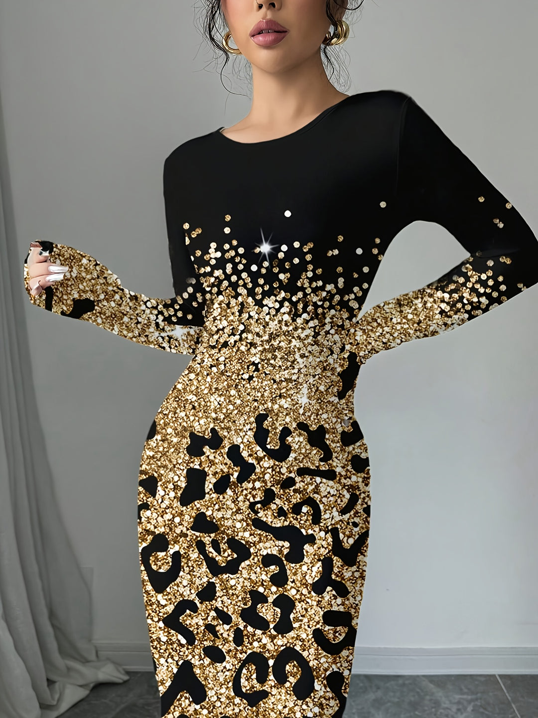 Women'S Elegant Golden Foil Leopard Print Maxi Dress