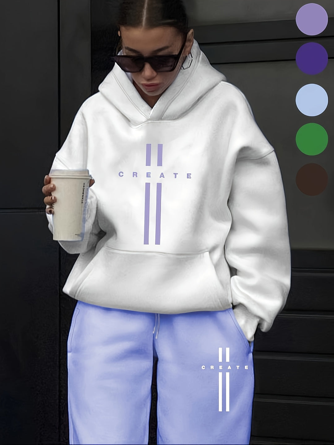 Women's 2pcs Outfits CREATE Print Hoodie And Sweatpants Set, Fall Winter