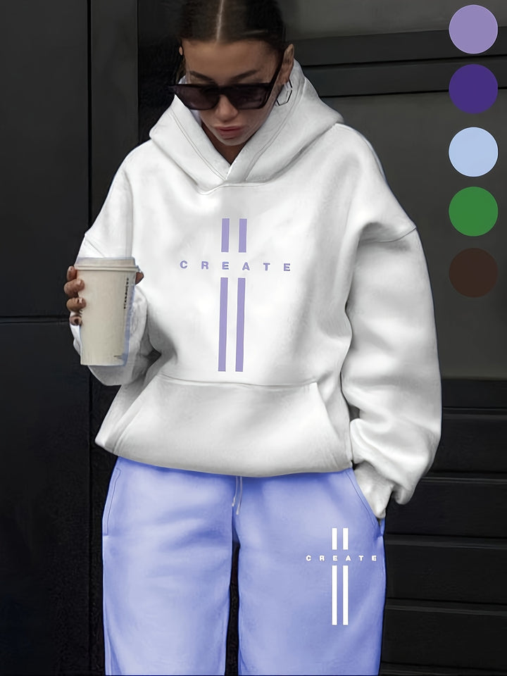 Women's 2pcs Outfits CREATE Print Hoodie And Sweatpants Set, Fall Winter