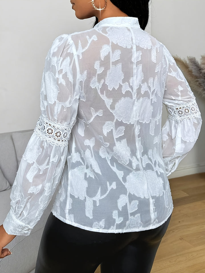 Women's Elegant Floral Print Puff Sleeve Blouse with Lace Trim