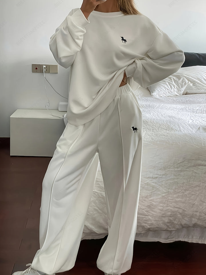 Solid Color Women's Casual Sweatshirt and Pants Set - Long Sleeve Crew Neck, Loose Fit, Embroidered Design, Perfect for Fall/Winter, Casual Wear|Casual Style|Embroidered Detailing, Sweater Dress