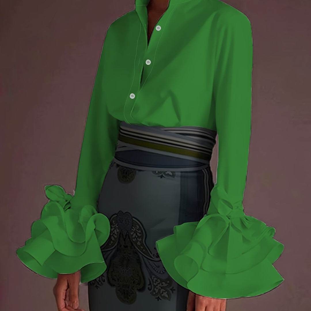 Chic Solid Flared Sleeve Blouse - Elegant Single Button - Perfect for Spring & Fall Wardrobe