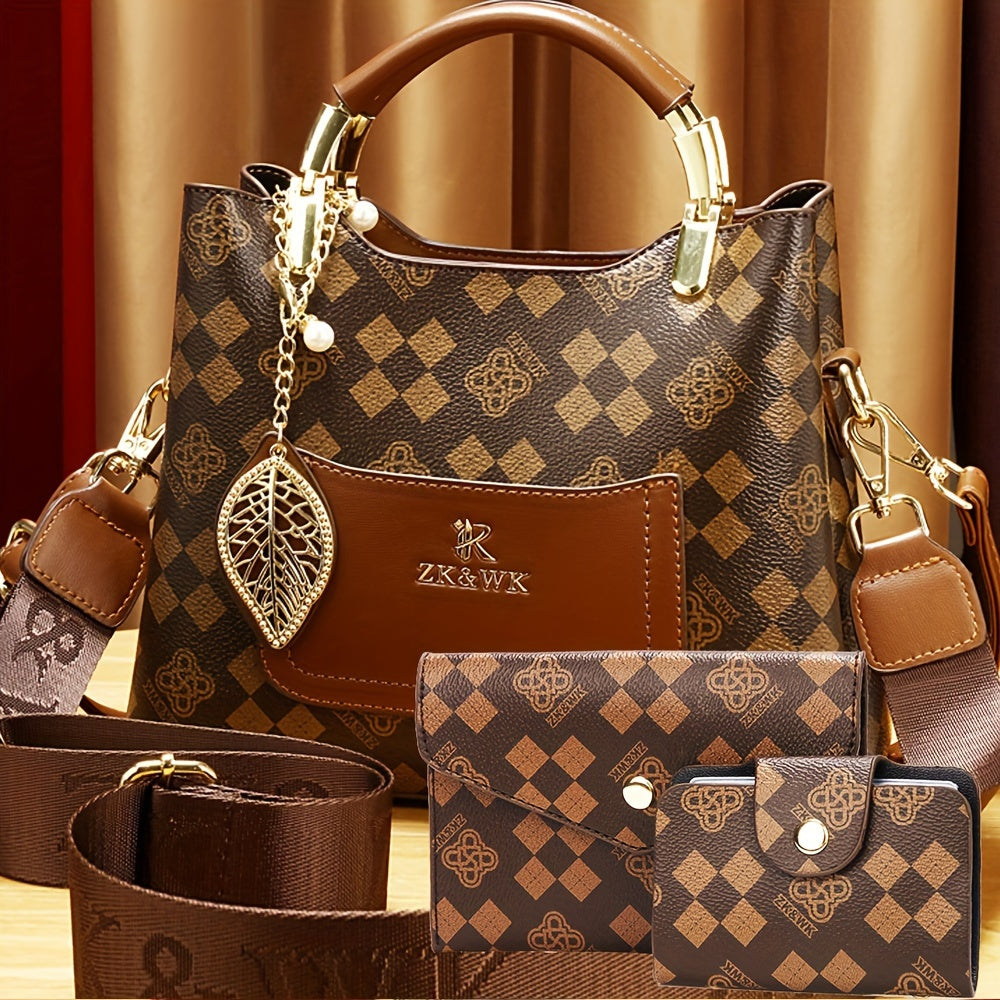 FIDM Women's 3pcs Golden  Handbag Collection - Elegant ic Closure Tote, Matching Clutch & Wallet/Purse, Luxury  for, Wedding, Travel (Golden-Tone, Durable & Versatile)