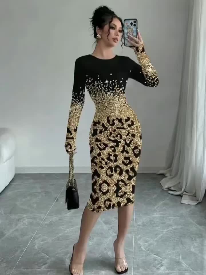 Women'S Elegant Golden Foil Leopard Print Maxi Dress