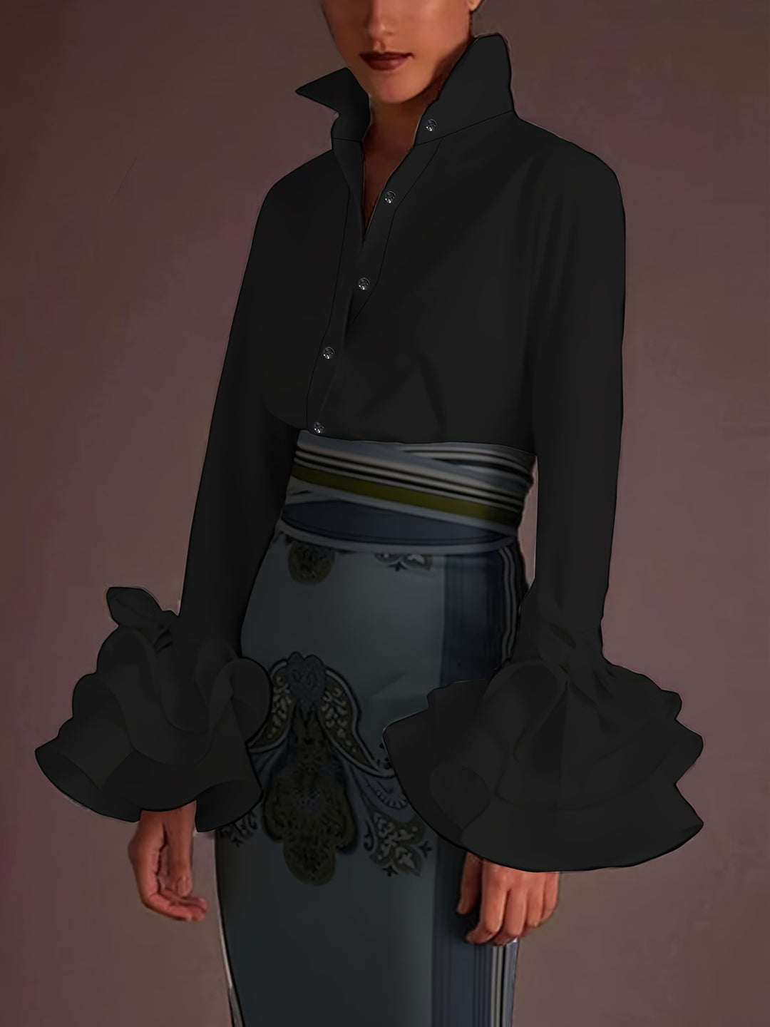 Chic Solid Flared Sleeve Blouse - Elegant Single Button - Perfect for Spring & Fall Wardrobe