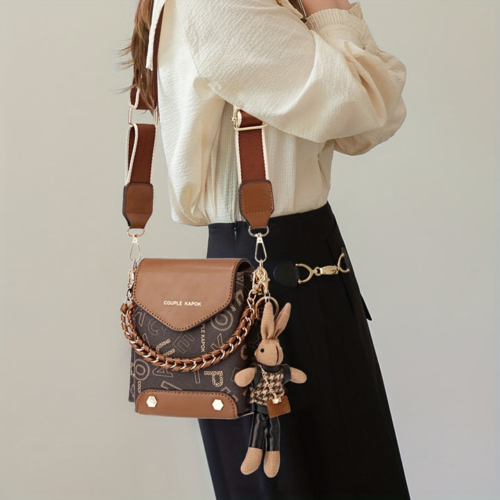 FKTSR Women's Elegant Mini Crossbody Handbag with Magnetic Closure & Adjustable Chain Strap - Golden-Tone Hardware, Brown/White, Compact Purse with Wrist Strap & Detachable Strap, Golden-Tone Hardware, Lining - Versatile Ever