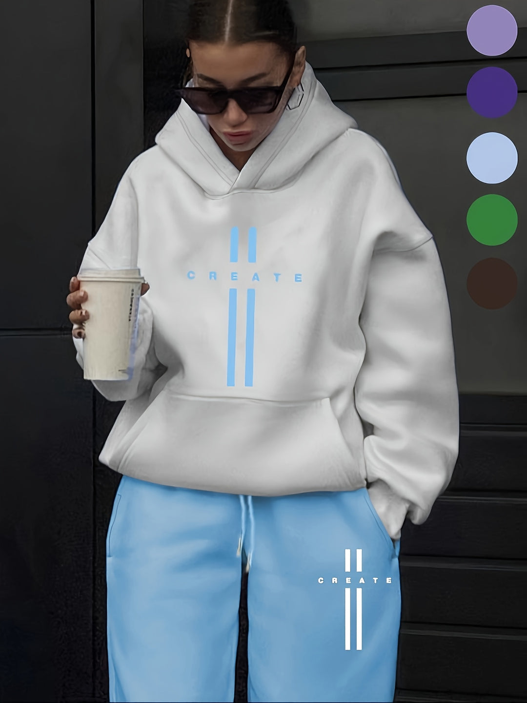 Women'S 2pcs Outfits CREATE Print Hoodie And Sweatpants Set, Fall Winter Oversized Fleece-Lined Casual With Pockets