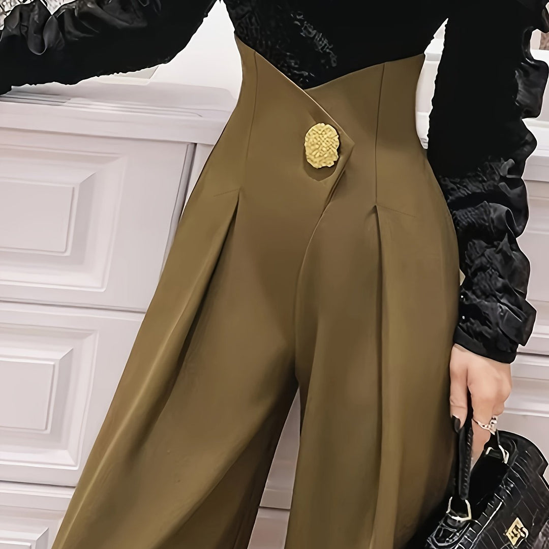 Women's High-Waisted Wide-Leg Dress Pants with Button Closure