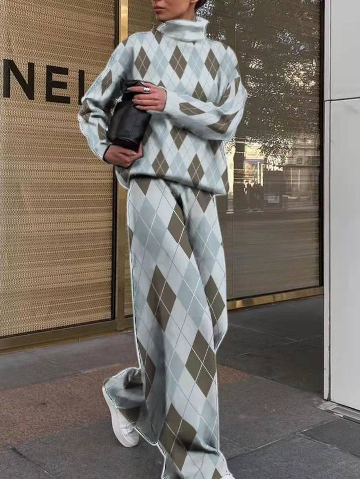 Women's Houndstooth Pants Set - Loose High-Neck Long Sleeve Two-Piece Outfit