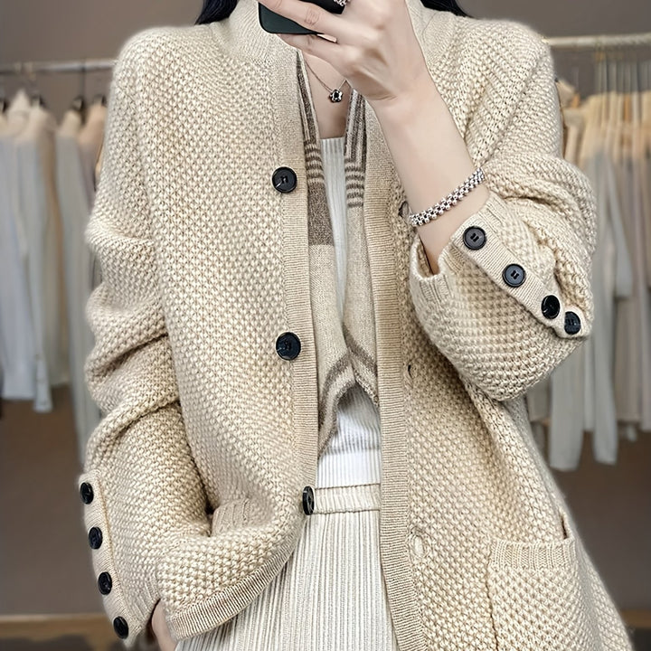 Elegant Women's High Neck Pocket Cardigan Coat, Autumn and Winter Outfit, Casual Streetwear for Daily Commute