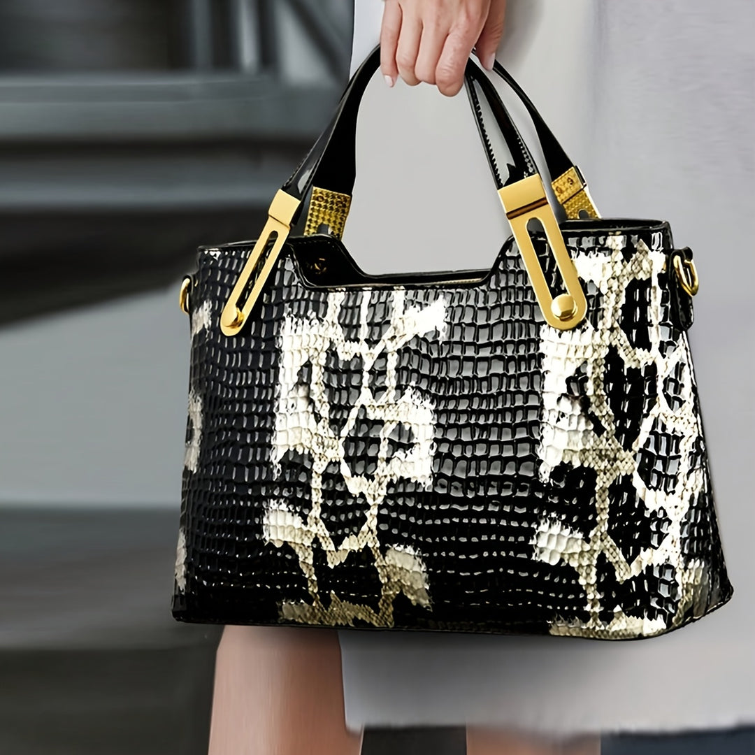 [Glossy Handbag] 2024 New Fashion Glossy Handbag & Handbag - Black & Golden Snake Light Beige Design, Large Capacity with Zipper Closure, Durable Polyester Lining & Golden-Tone Hardware for Wo 's Casual & Formal Events, Handb