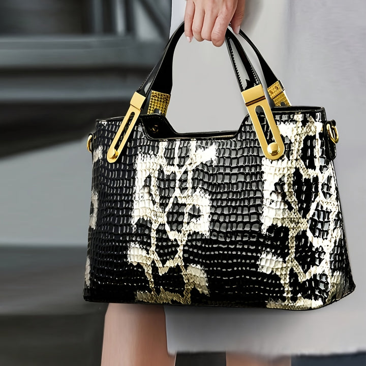 [Glossy Handbag] 2024 New Fashion Glossy Handbag & Handbag - Black & Golden Snake Light Beige Design, Large Capacity with Zipper Closure, Durable Polyester Lining & Golden-Tone Hardware for Wo 's Casual & Formal Events, Handb