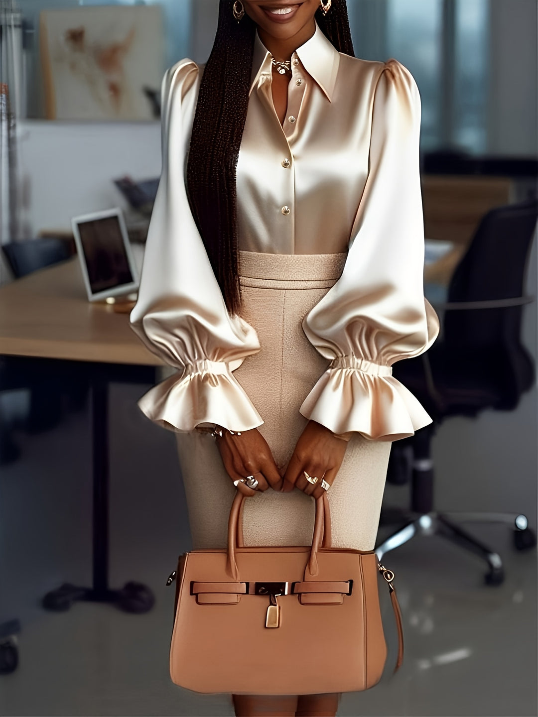 Women's Elegant White Puffed Sleeve Blouse with Collar