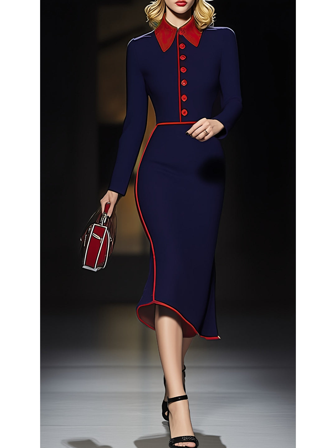 Navy Blue Collar Mermaid Dress with Red/White Trim - Tailored Fitted Midi Length Office to Party Wear, Structured Collar & Cuff Sleeve Panel Dress for Professional & Formal Events (Hand Washable)