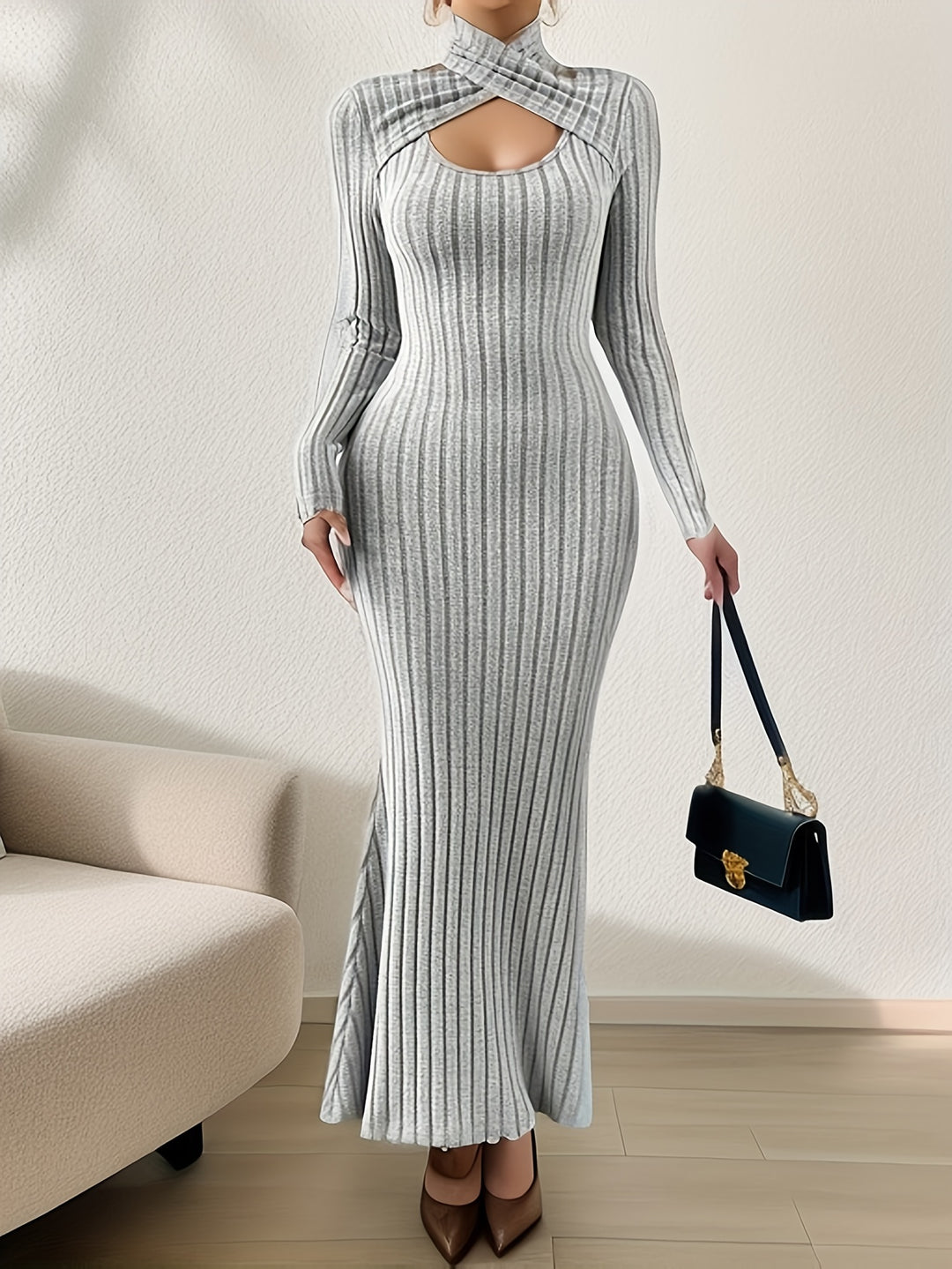 Ruched Criss Cross Halter Neck Dress, Elegant Bodycon Long Sleeve Dress
