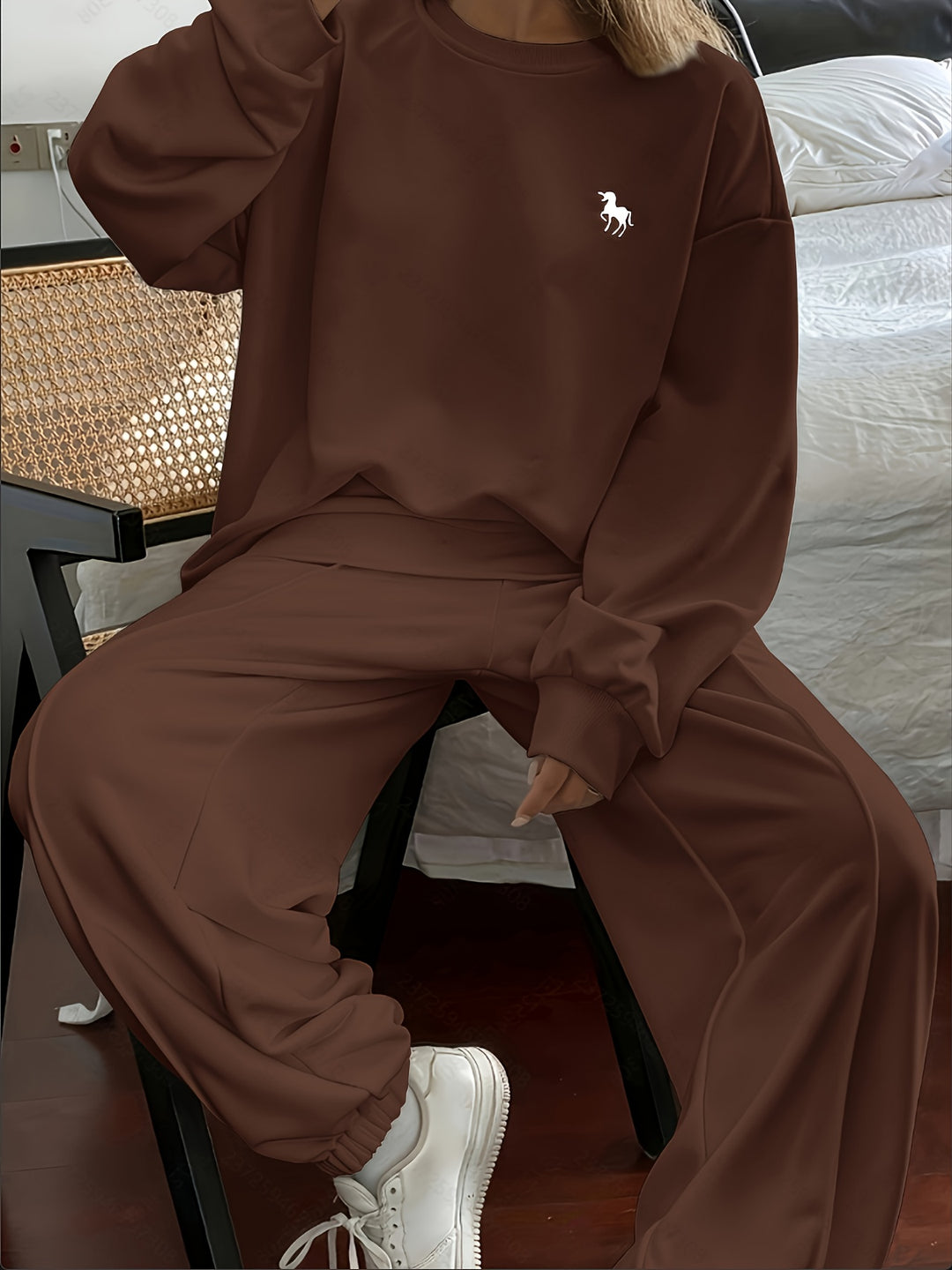 Solid Color Women's Casual Sweatshirt and Pants Set - Long Sleeve Crew Neck, Loose Fit, Embroidered Design, Perfect for Fall/Winter, Casual Wear|Casual Style|Embroidered Detailing, Sweater Dress