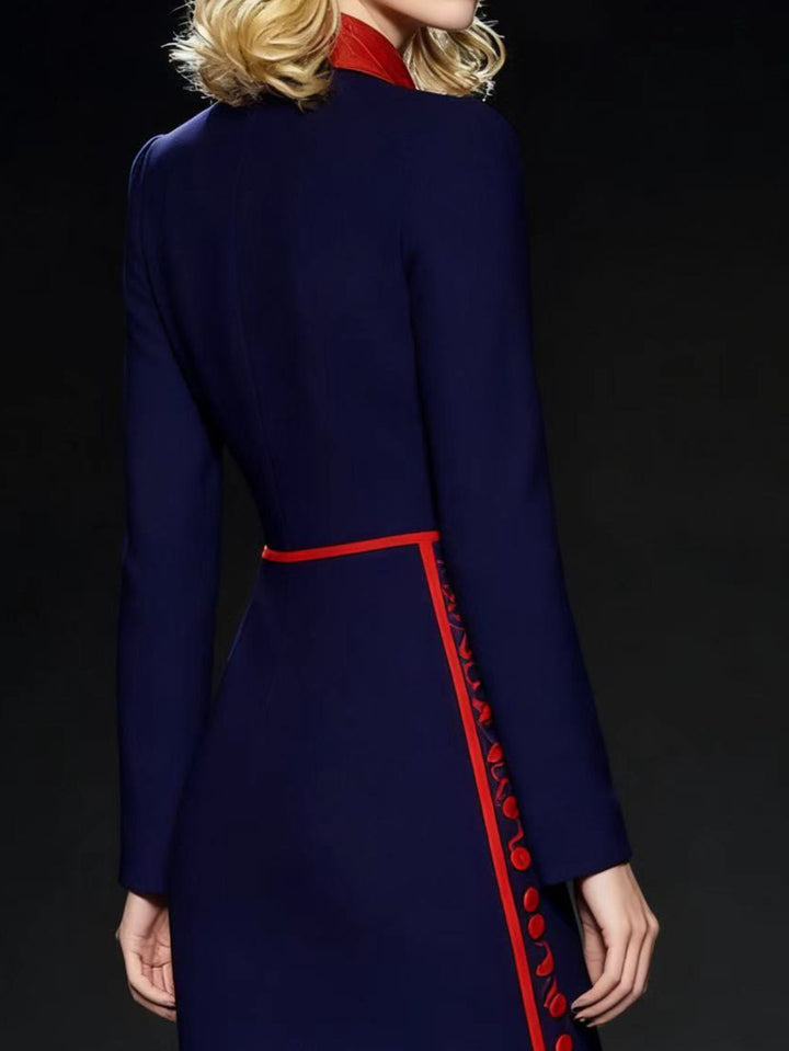 Navy Blue Collar Mermaid Dress with Red/White Trim - Tailored Fitted Midi Length Office to Party Wear, Structured Collar & Cuff Sleeve Panel Dress for Professional & Formal Events (Hand Washable)