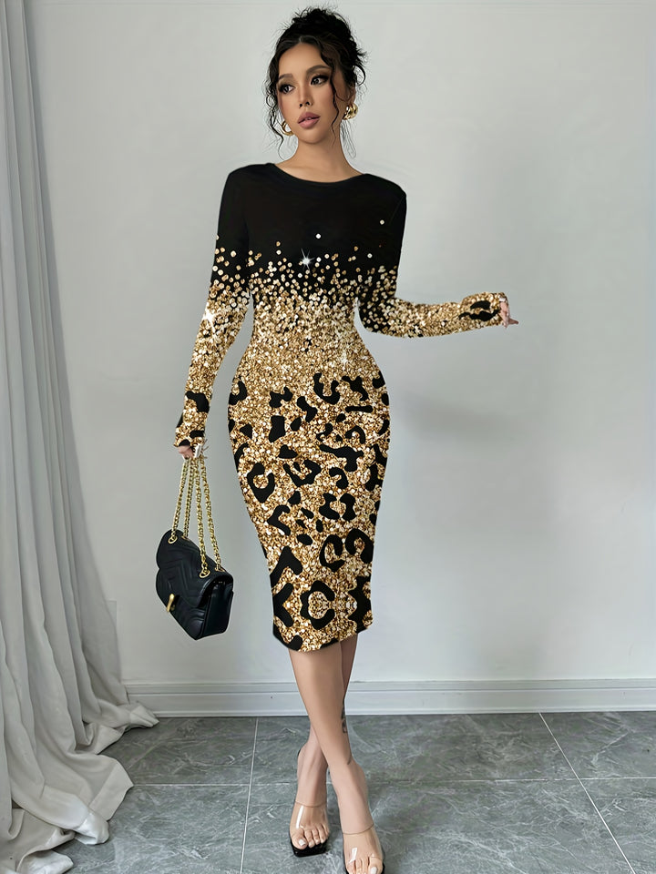 Women'S Elegant Golden Foil Leopard Print Maxi Dress