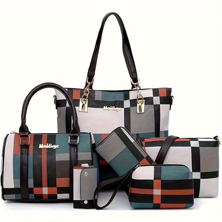 6pcs/set Large Capacity Checkered Pattern Shoulder Bag With Simple Handbag