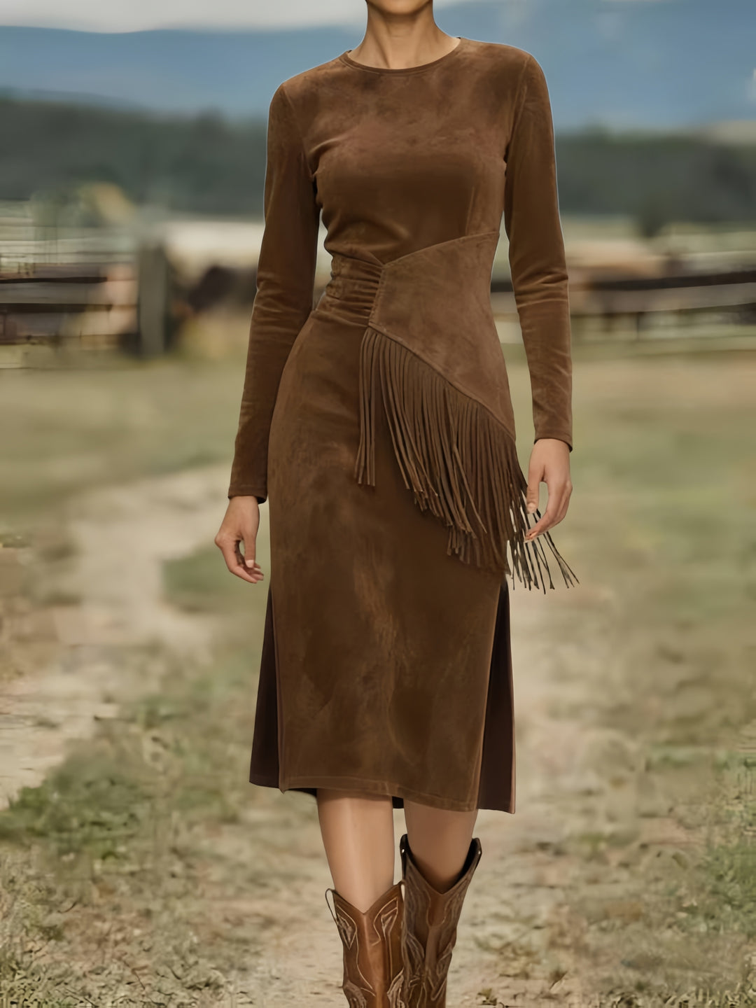 Women's Vintage Western Cowgirl Dress with Fringe Hem & Fringe Sleeves