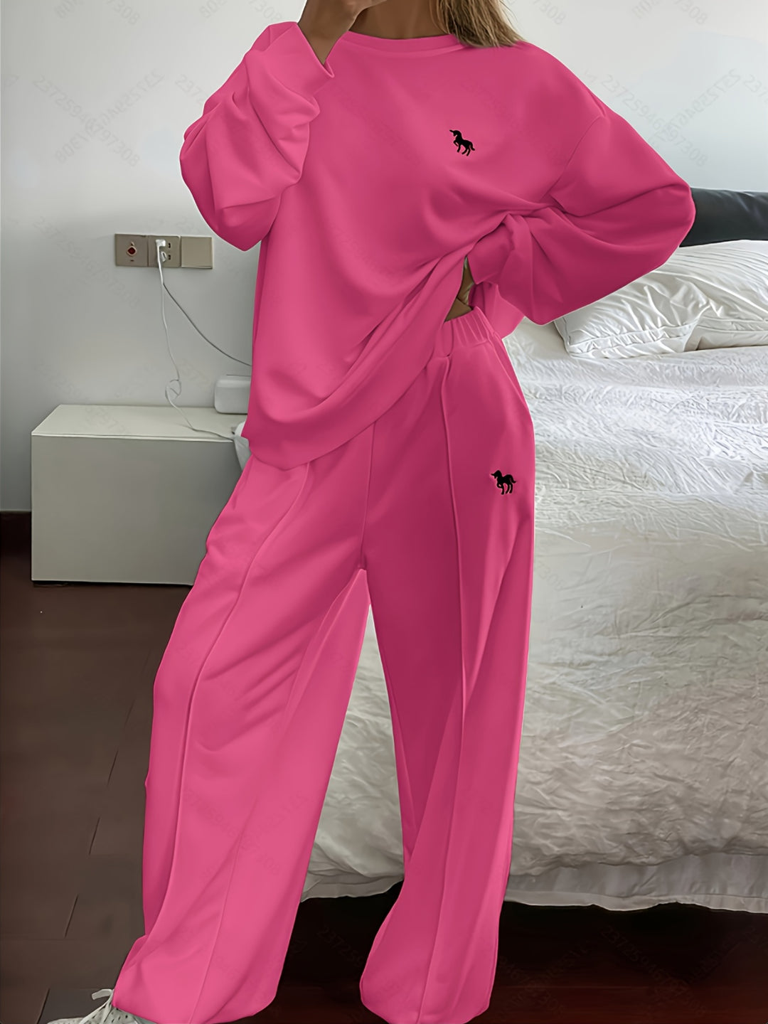 Solid Color Women's Casual Sweatshirt and Pants Set - Long Sleeve Crew Neck, Loose Fit, Embroidered Design, Perfect for Fall/Winter, Casual Wear|Casual Style|Embroidered Detailing, Sweater Dress