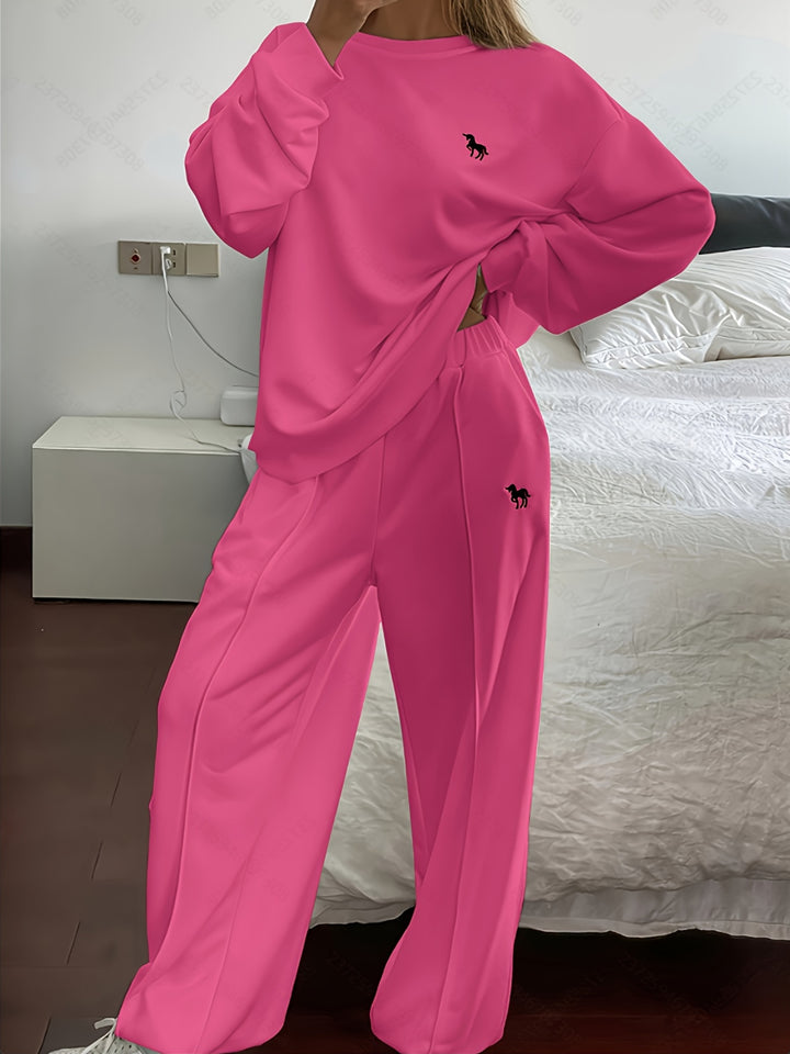 Solid Color Women's Casual Sweatshirt and Pants Set - Long Sleeve Crew Neck, Loose Fit, Embroidered Design, Perfect for Fall/Winter, Casual Wear|Casual Style|Embroidered Detailing, Sweater Dress