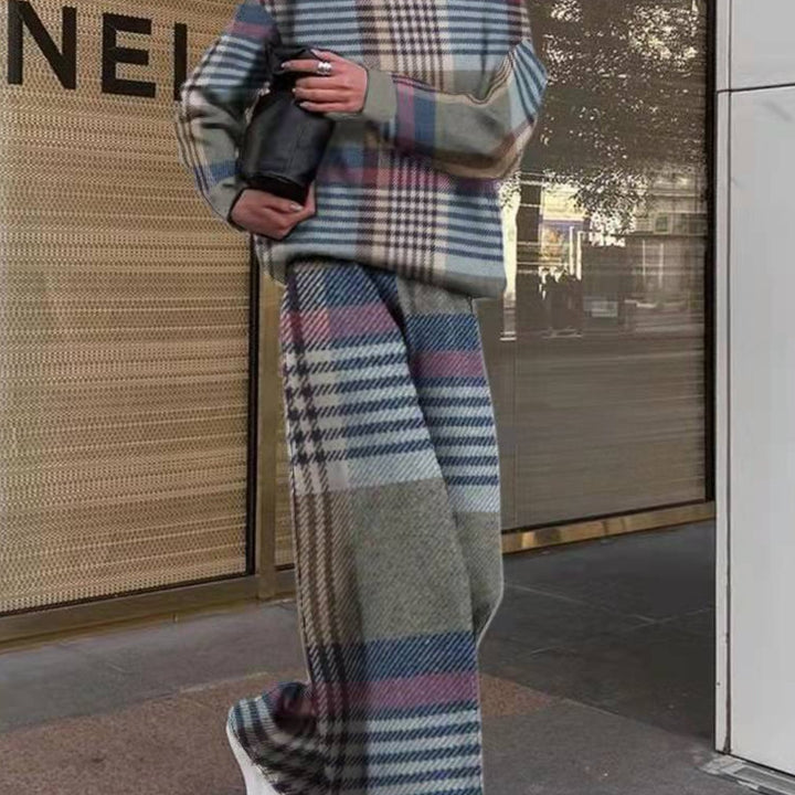 Women's Houndstooth Pants Set - Loose High-Neck Long Sleeve Two-Piece Outfit