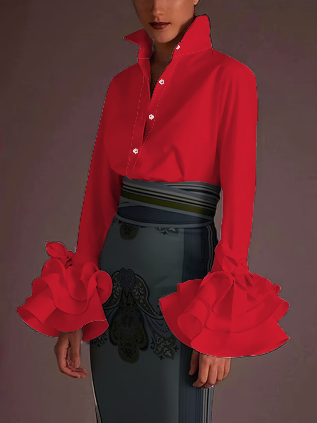 Chic Solid Flared Sleeve Blouse - Elegant Single Button - Perfect for Spring & Fall Wardrobe