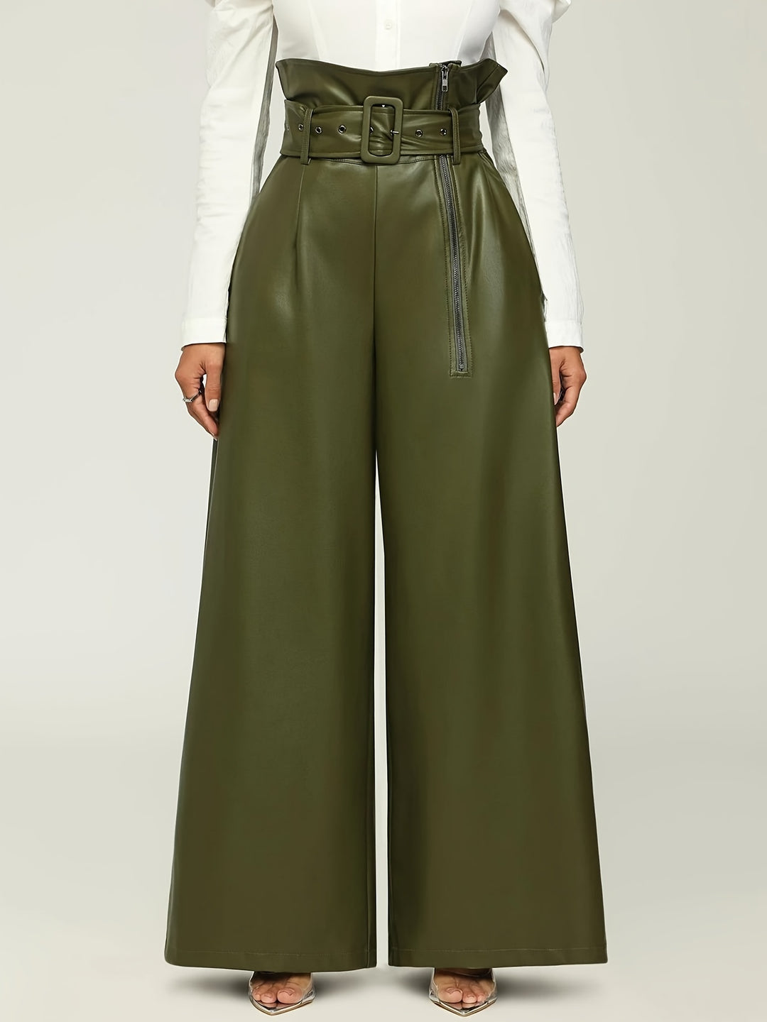 Women's High-Waisted Wide Leg Pants with Metallic Belt Detail