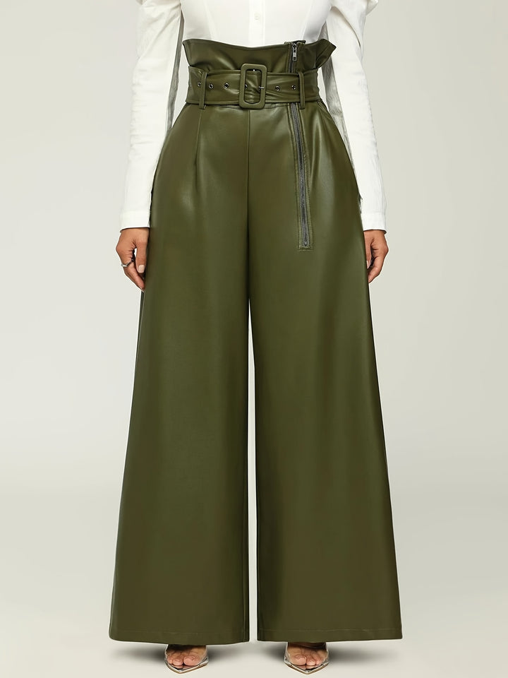 Women's High-Waisted Wide Leg Pants with Metallic Belt Detail
