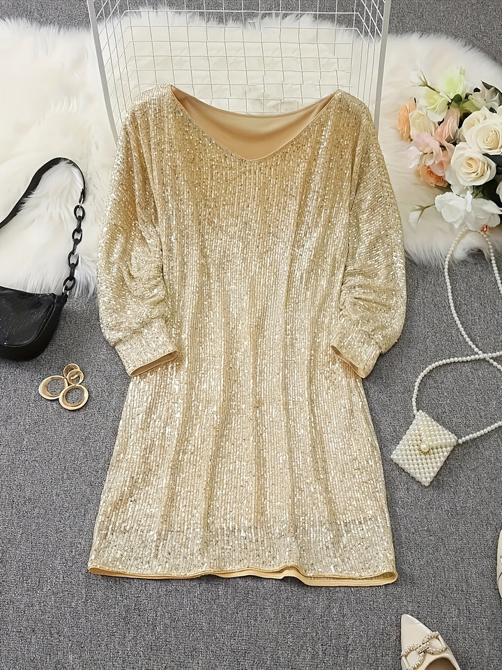 Long Sleeved Sparkling V-neck Loose Shoulder Mini Dress