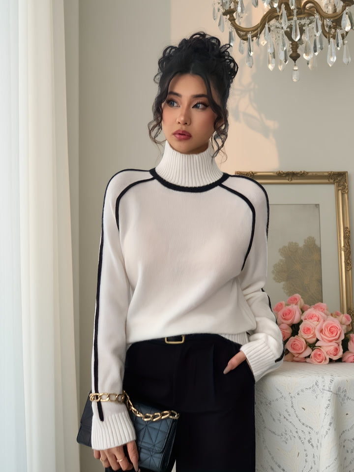 Elegant Black & White Striped Sweater | Women's High Neck Long Sleeve Top