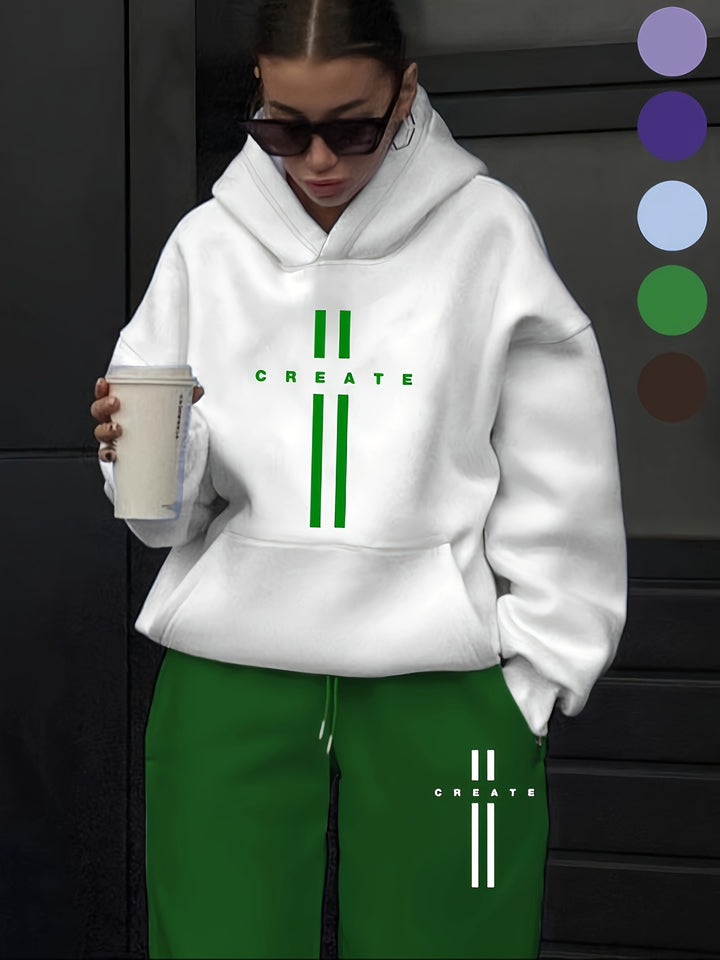 Women'S 2pcs Outfits CREATE Print Hoodie And Sweatpants Set, Fall Winter Oversized Fleece-Lined Casual With Pockets