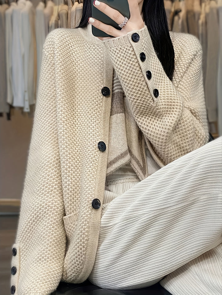 Elegant Women's High Neck Pocket Cardigan Coat, Autumn and Winter Outfit, Casual Streetwear for Daily Commute