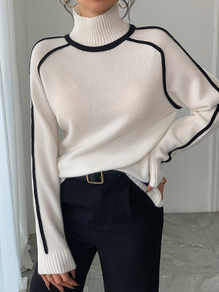Elegant Black & White Striped Sweater | Women's High Neck Long Sleeve Top