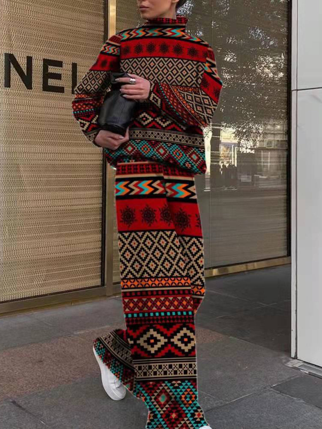 Women's Houndstooth Pants Set - Loose High-Neck Long Sleeve Two-Piece Outfit