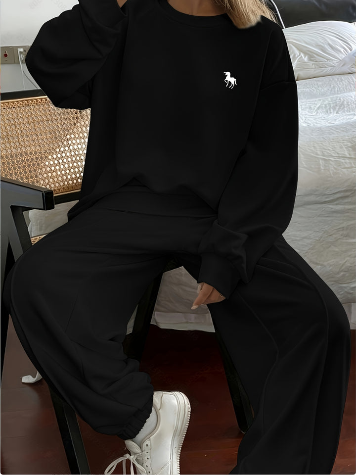 Solid Color Women's Casual Sweatshirt and Pants Set - Long Sleeve Crew Neck, Loose Fit, Embroidered Design, Perfect for Fall/Winter, Casual Wear|Casual Style|Embroidered Detailing, Sweater Dress