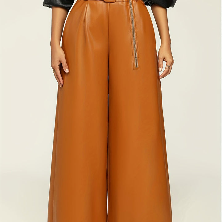 Women's High-Waisted Wide Leg Pants with Metallic Belt Detail