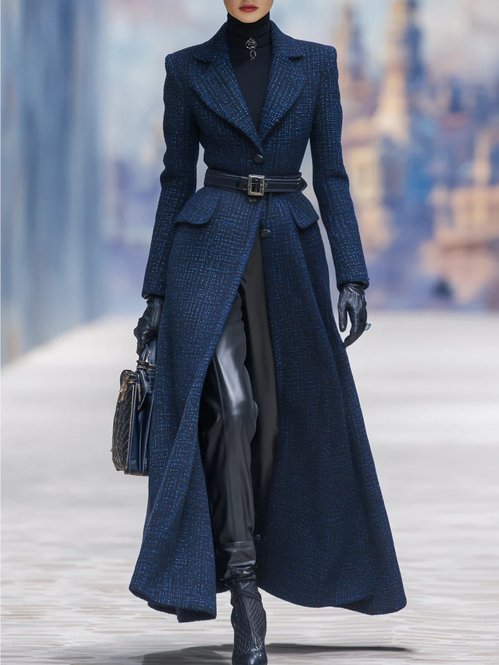 Women's Navy Blue Tweed Double-Breasted Longline Coat with Belted Waist