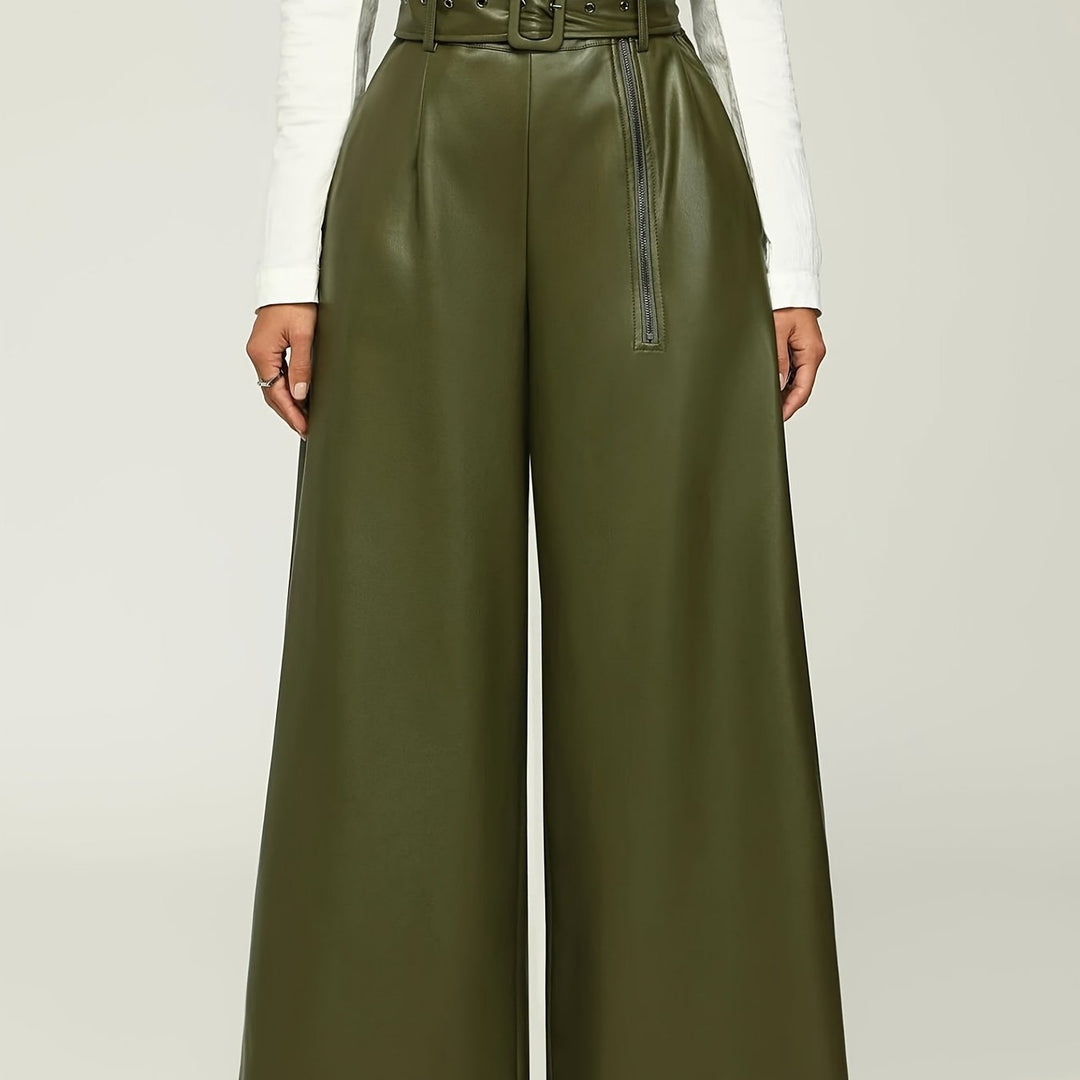 Women's High-Waisted Wide Leg Pants with Metallic Belt Detail