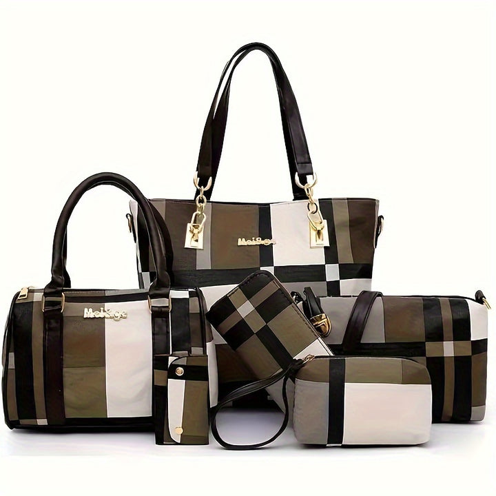 6pcs/set Large Capacity Checkered Pattern Shoulder Bag With Simple Handbag