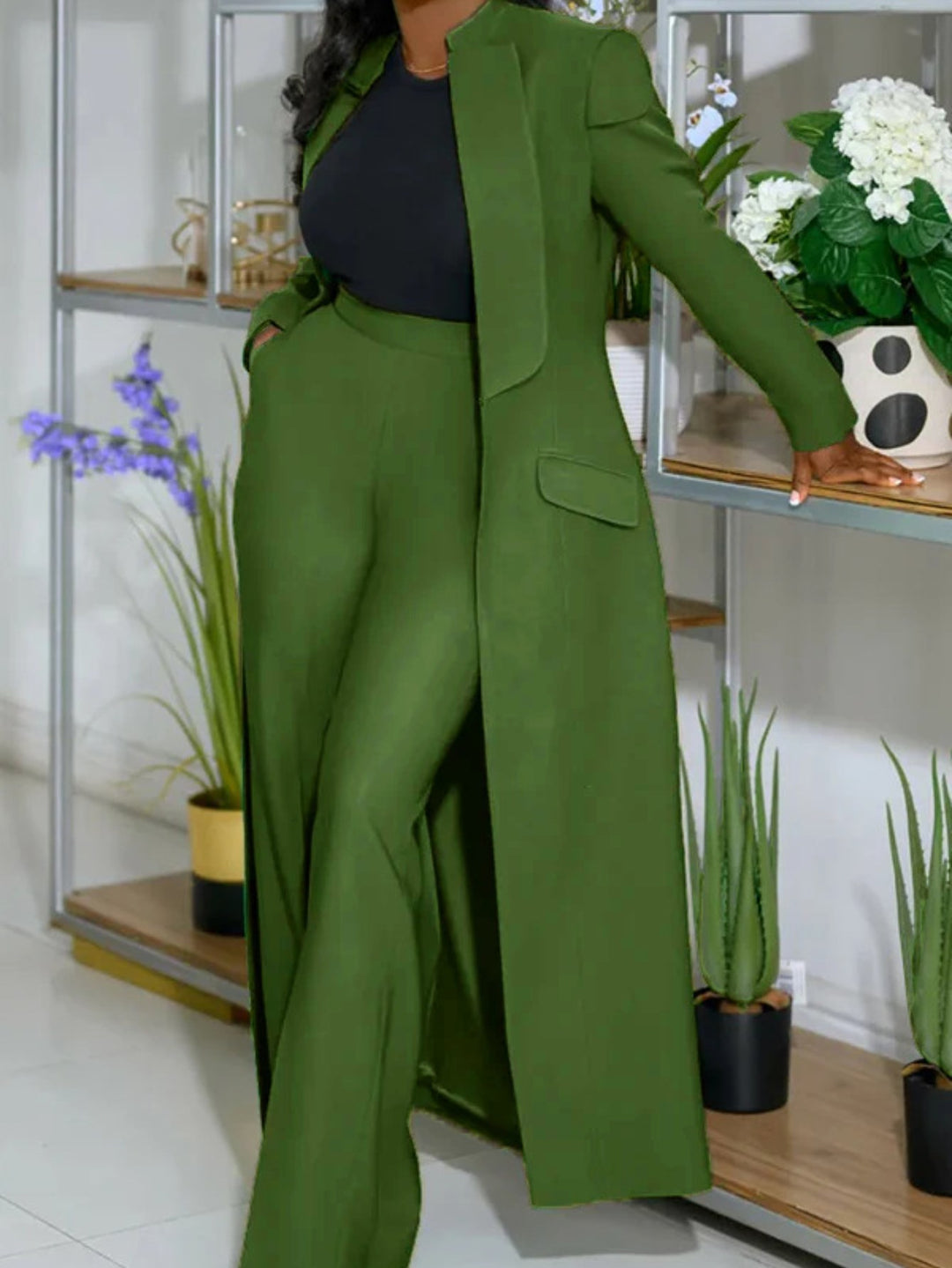 Notched Collar Long Blazer Suit Set for Women