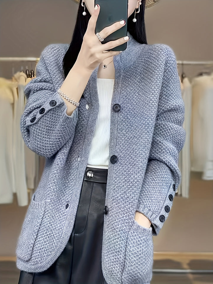 Elegant Women's High Neck Pocket Cardigan Coat, Autumn and Winter Outfit, Casual Streetwear for Daily Commute