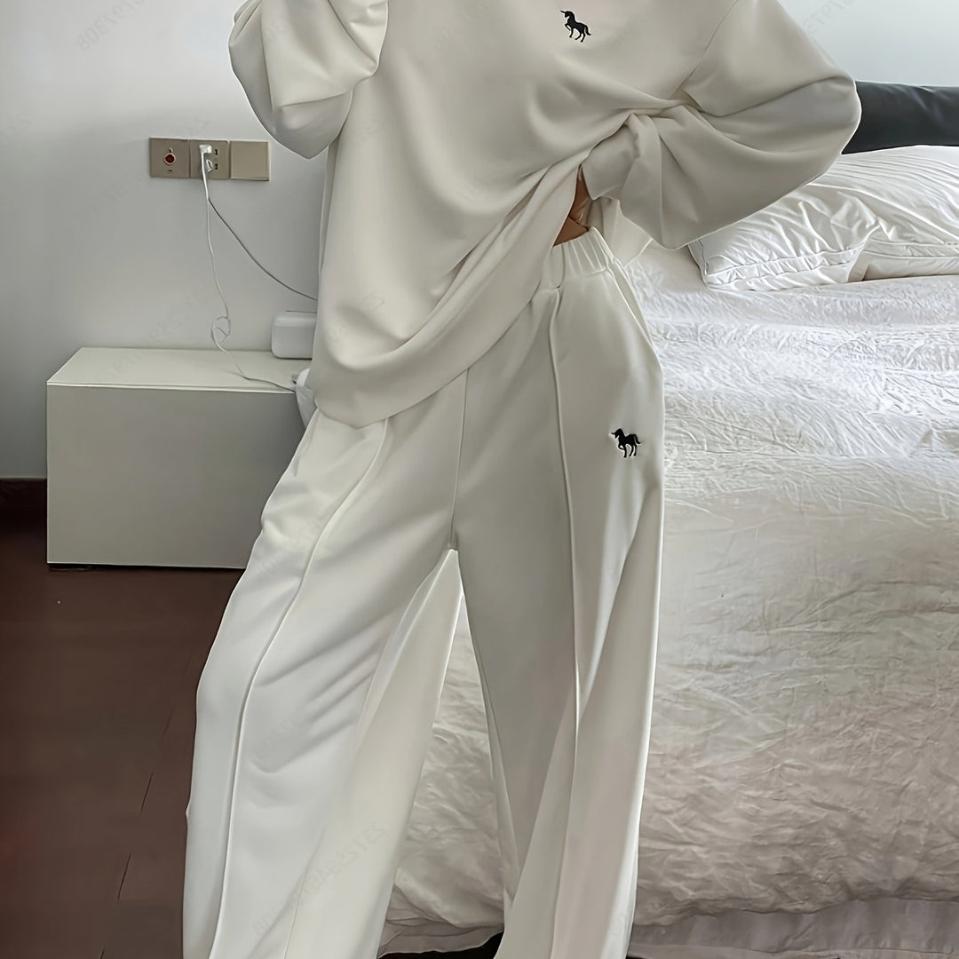 Solid Color Women's Casual Sweatshirt and Pants Set - Long Sleeve Crew Neck, Loose Fit, Embroidered Design, Perfect for Fall/Winter, Casual Wear|Casual Style|Embroidered Detailing, Sweater Dress