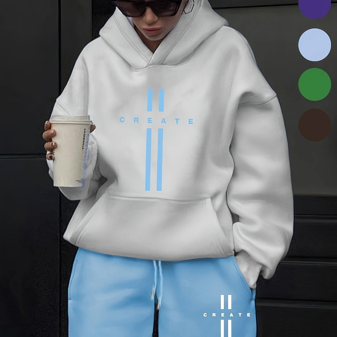 Women's 2pcs Outfits CREATE Print Hoodie And Sweatpants Set, Fall Winter