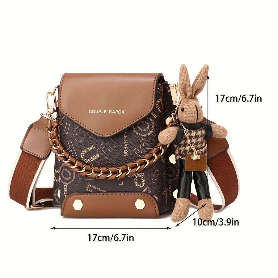 FKTSR Women's Elegant Mini Crossbody Handbag with Magnetic Closure & Adjustable Chain Strap - Golden-Tone Hardware, Brown/White, Compact Purse with Wrist Strap & Detachable Strap, Golden-Tone Hardware, Lining - Versatile Ever
