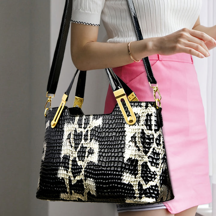 [Glossy Handbag] 2024 New Fashion Glossy Handbag & Handbag - Black & Golden Snake Light Beige Design, Large Capacity with Zipper Closure, Durable Polyester Lining & Golden-Tone Hardware for Wo 's Casual & Formal Events, Handb