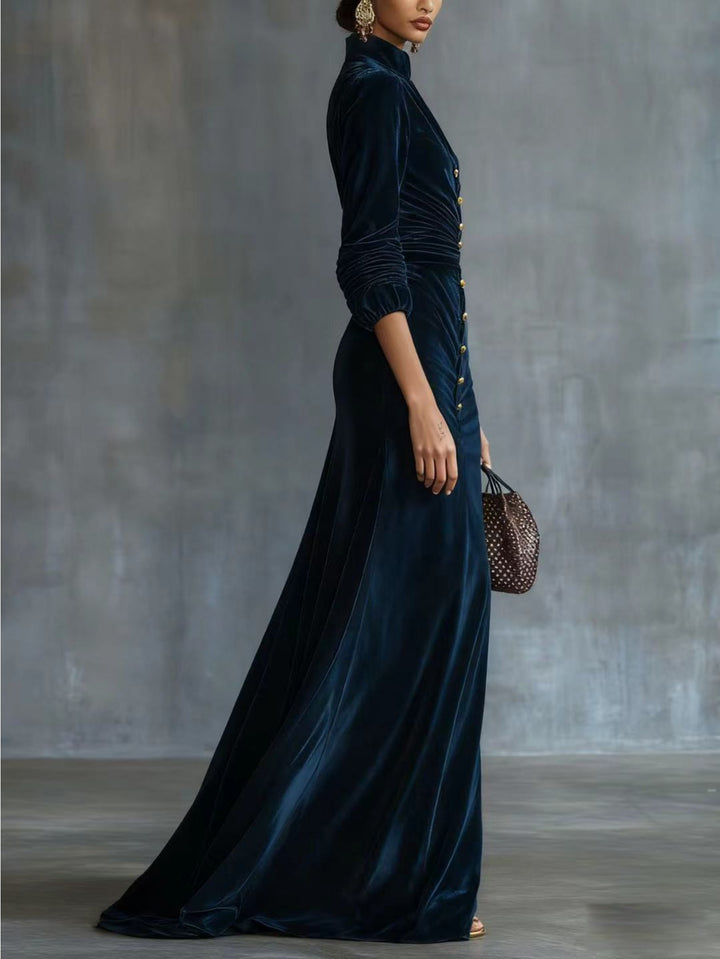 Women's Navy Blue Velvet Evening Gown