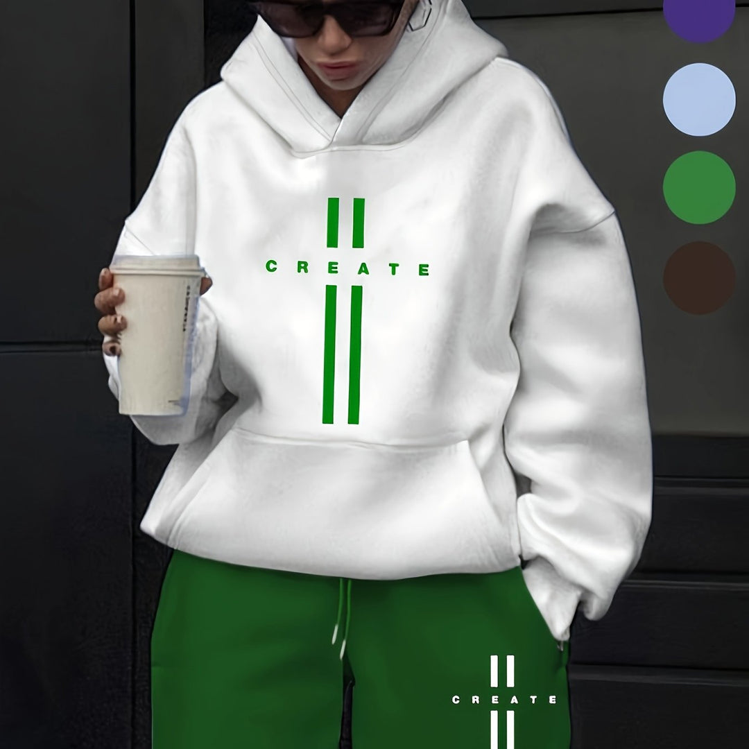 Women's 2pcs Outfits CREATE Print Hoodie And Sweatpants Set, Fall Winter