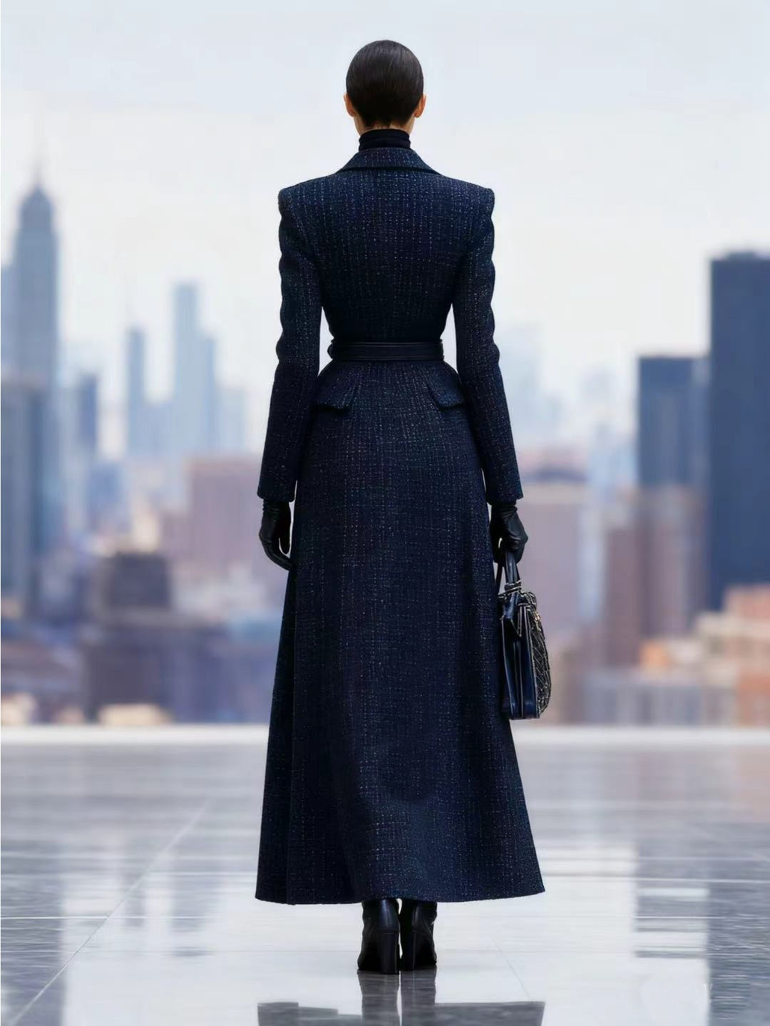 Women's Navy Blue Tweed Double-Breasted Longline Coat with Belted Waist